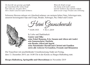 Traueranzeige von Heini Gronschewski von Südthüringer Presse