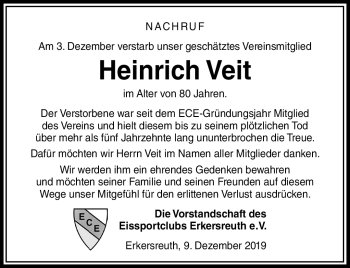Traueranzeige von Heinich Veit von Frankenpost