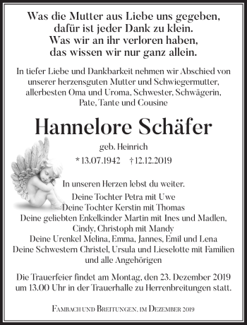 Traueranzeige von Hennelore Schäfer von Südthüringer Presse