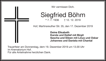 Traueranzeige von Siegfried Böhm von Frankenpost