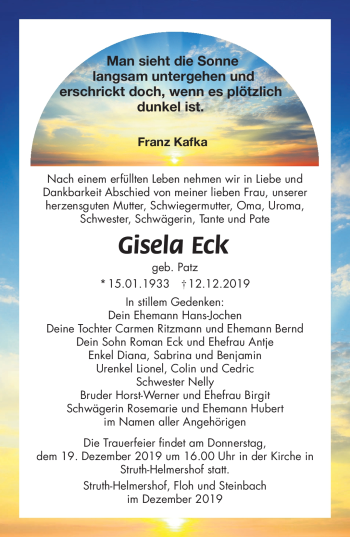 Traueranzeige von Gisela Eck von Südthüringer Presse