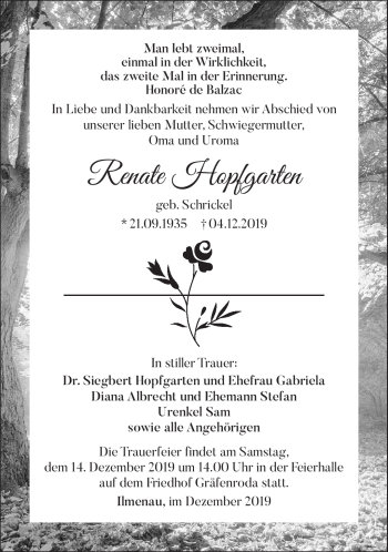Traueranzeige von Renate Hopfgarten von Südthüringer Presse