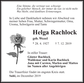 Traueranzeige von Helga Rachlock von Südthüringer Presse