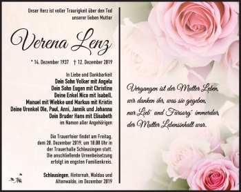 Traueranzeige von Verena Lenz von Südthüringer Presse