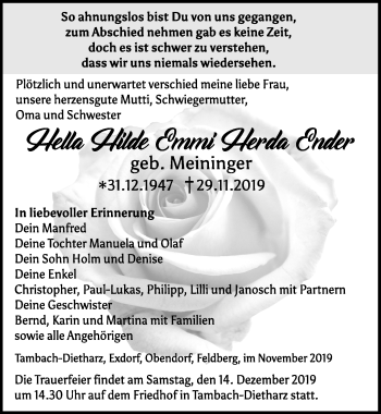 Traueranzeige von Hella Hilde Emmi Herda Ender von Südthüringer Presse