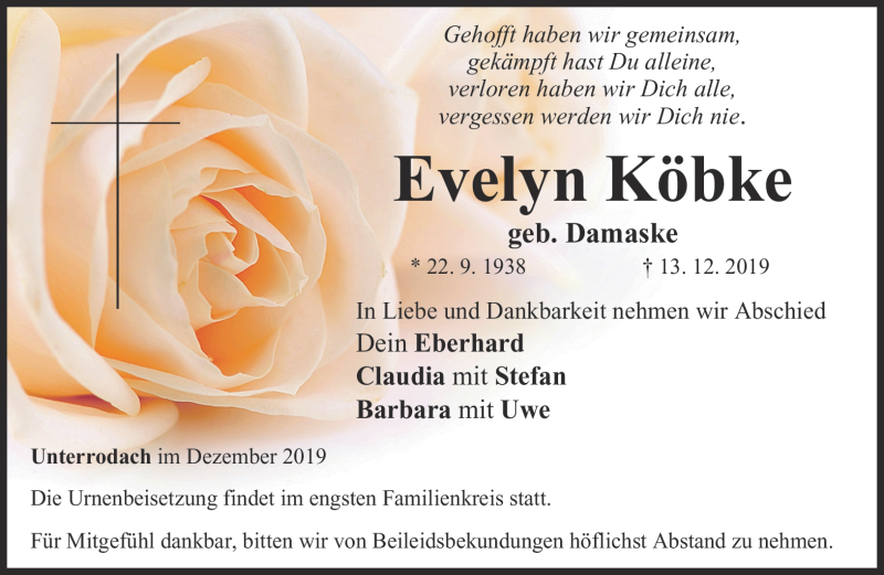  Traueranzeige für Evelyn Köbke vom 20.12.2019 aus Neue Presse Coburg