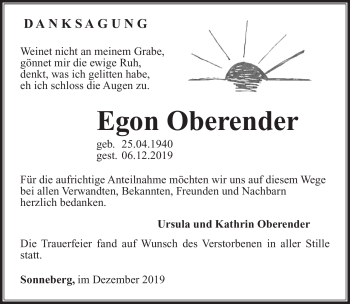 Traueranzeige von Egon Oberender von Südthüringer Presse