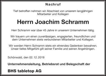 Traueranzeige von Joachim Schramm von Frankenpost