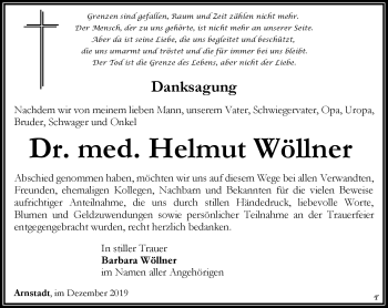 Traueranzeige von Dr. med. Helmut Wöllner von Südthüringer Presse