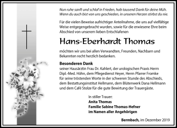 Traueranzeige von Hans-Eberhardt Thomas von Südthüringer Presse