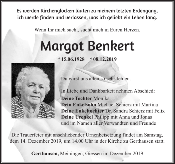 Traueranzeige von Margot Benkert von Südthüringer Presse