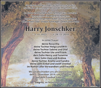 Traueranzeige von Harry Jonschker von Südthüringer Presse