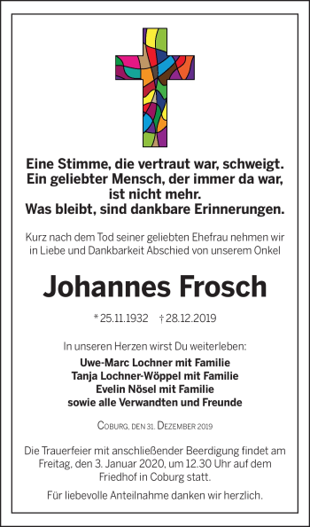 Traueranzeige von Johannes Frosch von Neue Presse Coburg