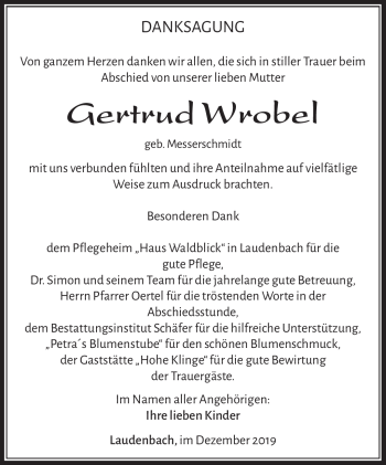 Traueranzeige von Gertrud Wrobel von Südthüringer Presse