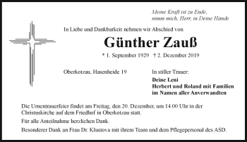 Traueranzeige von Günther Zauß von Frankenpost