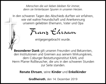 Traueranzeige von Franz Ehrsam von Neue Presse Coburg