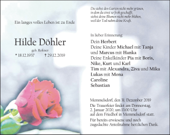 Traueranzeige von Hilde Döhler von Neue Presse Coburg