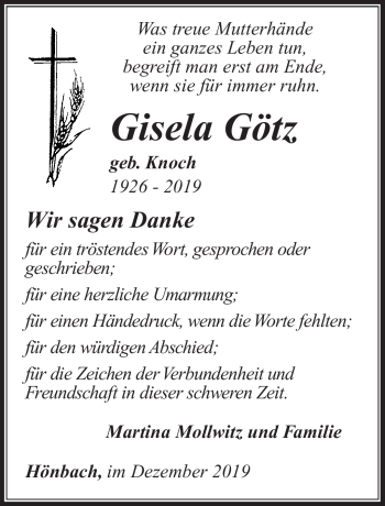 Traueranzeige von Gisela Götz von Südthüringer Presse