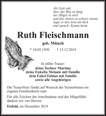 Traueranzeige von Ruth Fleischmann von Südthüringer Presse