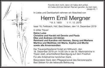 Traueranzeige von Emil Mergner von Frankenpost