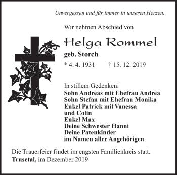 Traueranzeige von Helga Rommel von Südthüringer Presse