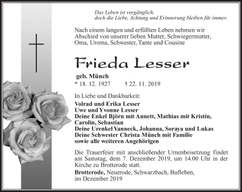 Traueranzeige von Frieda Lesser von Südthüringer Presse