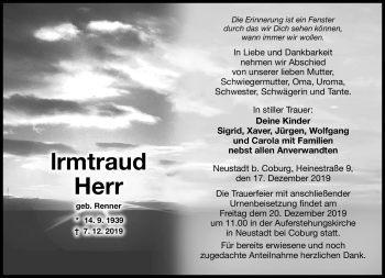 Traueranzeige von Irmtraud Herr von Neue Presse Coburg