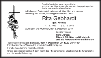 Traueranzeige von Rita Gebhardt von Frankenpost