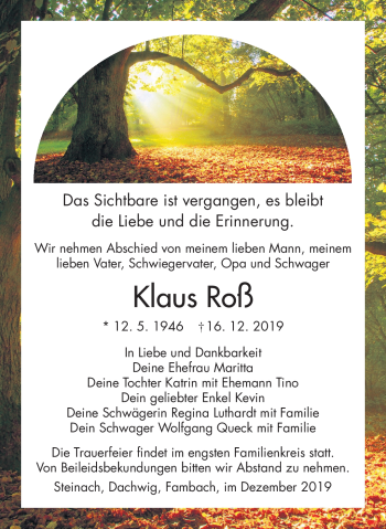 Traueranzeige von Klaus Roß von Südthüringer Presse