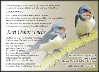 Traueranzeige von Kurt Oskar Fuchs von Südthüringer Presse