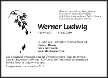 Traueranzeige von Werner Ludwig von Südthüringer Presse