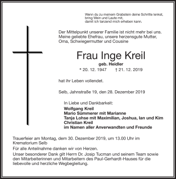 Traueranzeige von Inge Kreil von Frankenpost