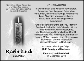 Traueranzeige von Karin Luck von Südthüringer Presse
