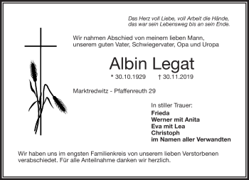 Traueranzeige von Albin Legat von Frankenpost