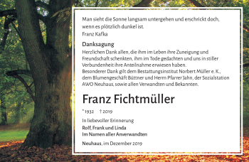 Traueranzeige von Franz Fichtmüller von Südthüringer Presse