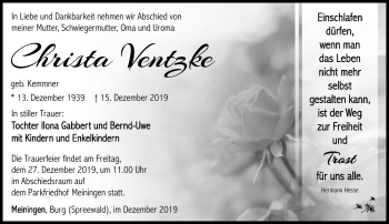 Traueranzeige von Christa Ventzke von Südthüringer Presse