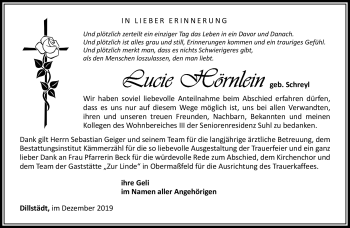 Traueranzeige von Lucie Hörnlein von Südthüringer Presse