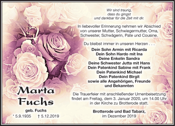 Traueranzeige von Marta Fuchs von Südthüringer Presse