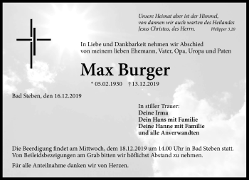 Traueranzeige von Max Burger von Frankenpost