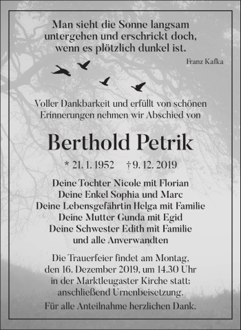 Traueranzeige von Berthold Petrik von Frankenpost