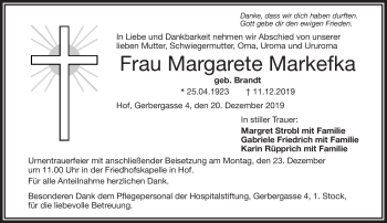 Traueranzeige von Margarete Markefka von Frankenpost