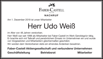 Traueranzeige von Udo Weiß von Frankenpost