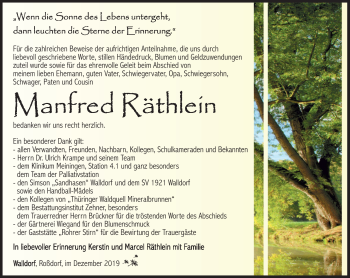 Traueranzeige von Manfred Räthlein von Südthüringer Presse