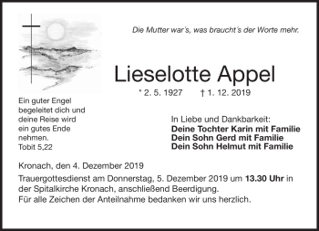 Traueranzeige von Lieselotte Appel von Neue Presse Coburg