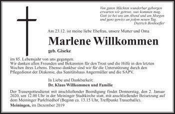 Traueranzeige von Marlene Willkommen von Südthüringer Presse