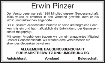 Traueranzeige von Erwin Pinzer von Frankenpost