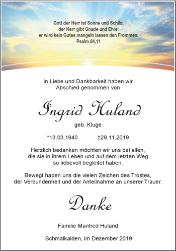 Traueranzeige von Ingrid Huland von Südthüringer Presse