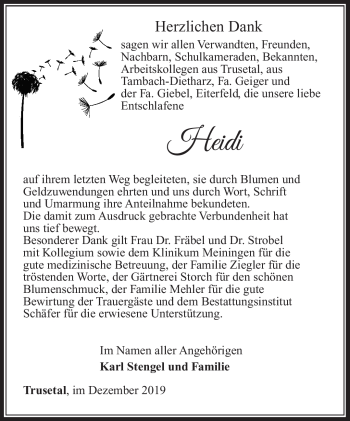 Traueranzeige von Heidi Friedrich von Südthüringer Presse
