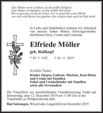 Traueranzeige von Elfriede Möller von Südthüringer Presse