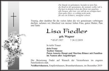 Traueranzeige von Lisa Fiedler von Südthüringer Presse